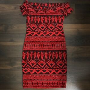 Y2K Snap Geometric Patterned Fitted Bodycon Dress XS/S Fit Off Shoulder